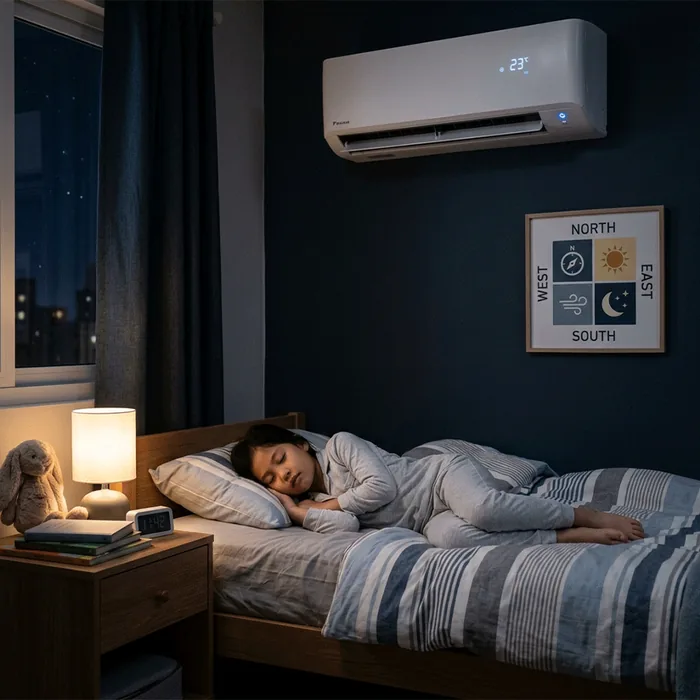 Dormitorio climatizado de noche con un aire acondicionado en modo silencioso