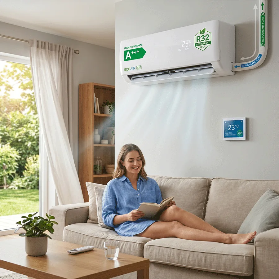 Sala de estar climatizada con un aire acondicionado inverter con refrigerante R32