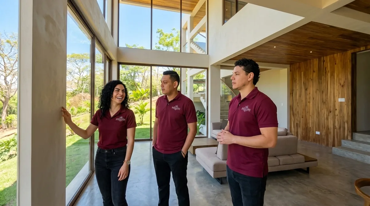 Equipo de Kosago Corp revisando el interior terminado de una residencia de lujo con ventanales de piso a techo