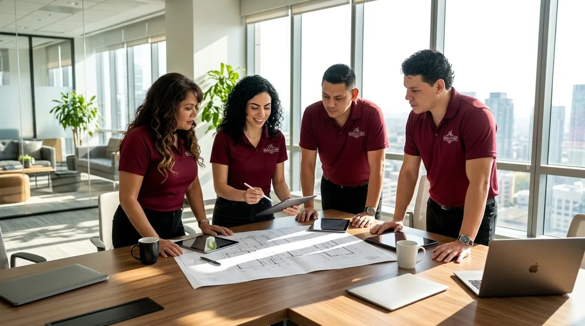 Equipo de Kosago Corp reunido alrededor de una mesa revisando los planos de un proyecto