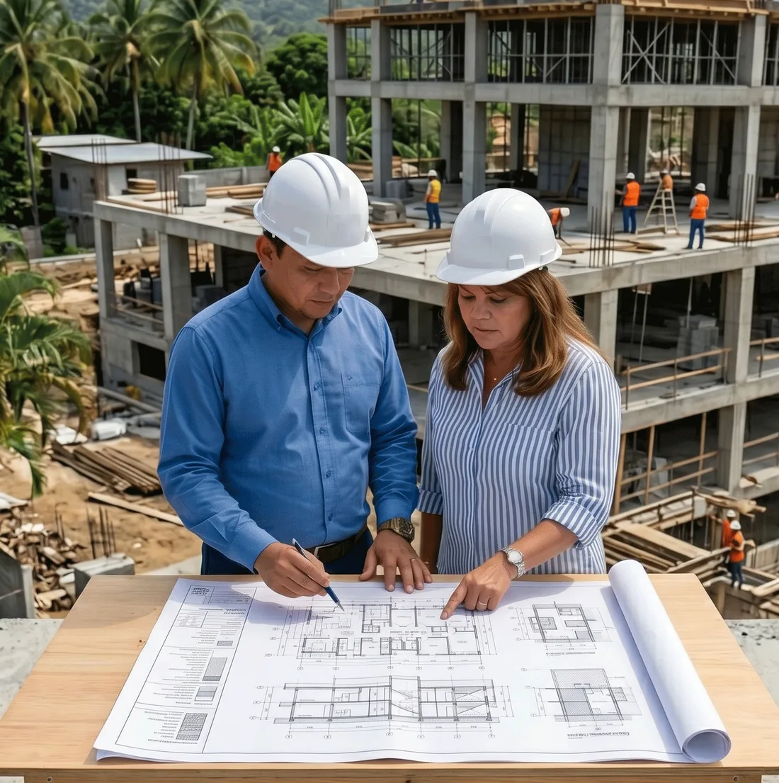 Ingenieros de Kosago Corp revisando planos de construccion en el sitio de obra