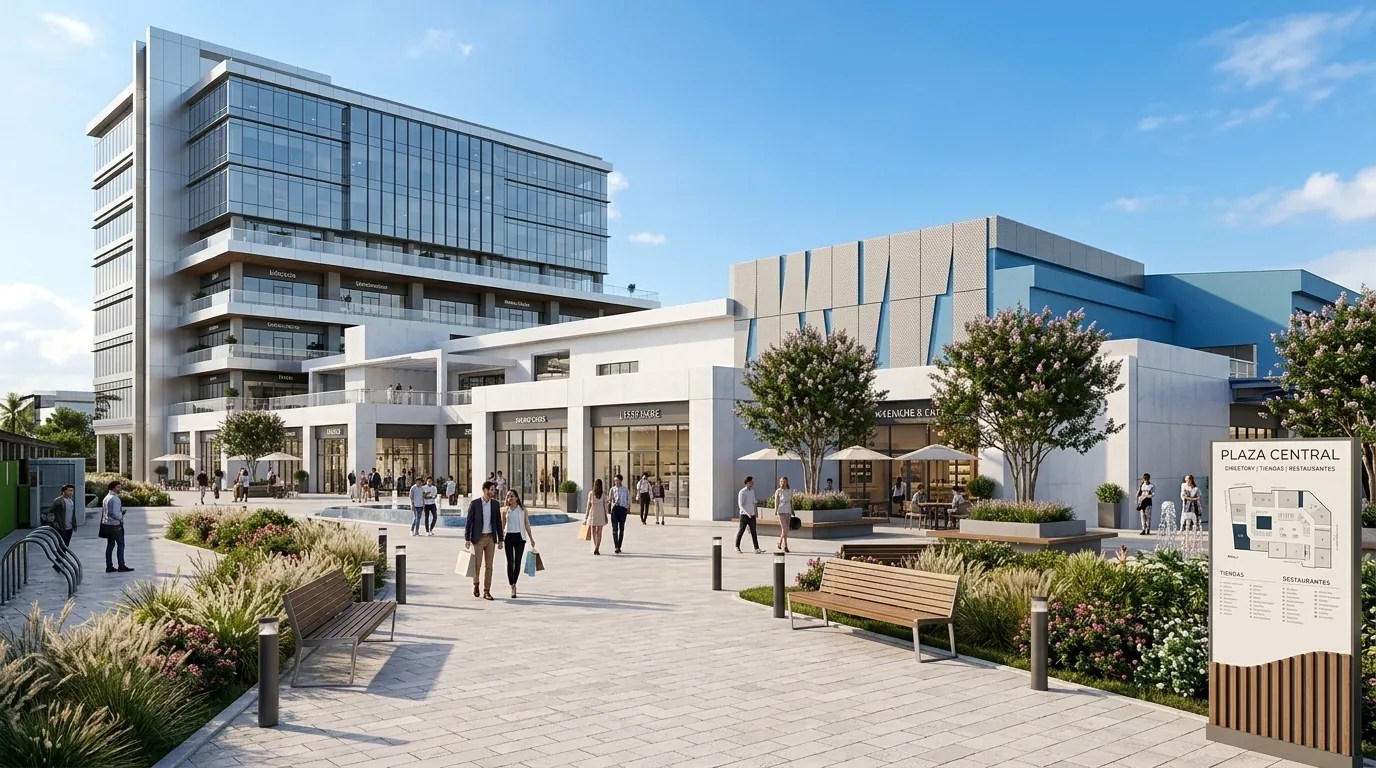 Plaza comercial moderna con locales en planta baja y oficinas en altura, con area peatonal arbolada